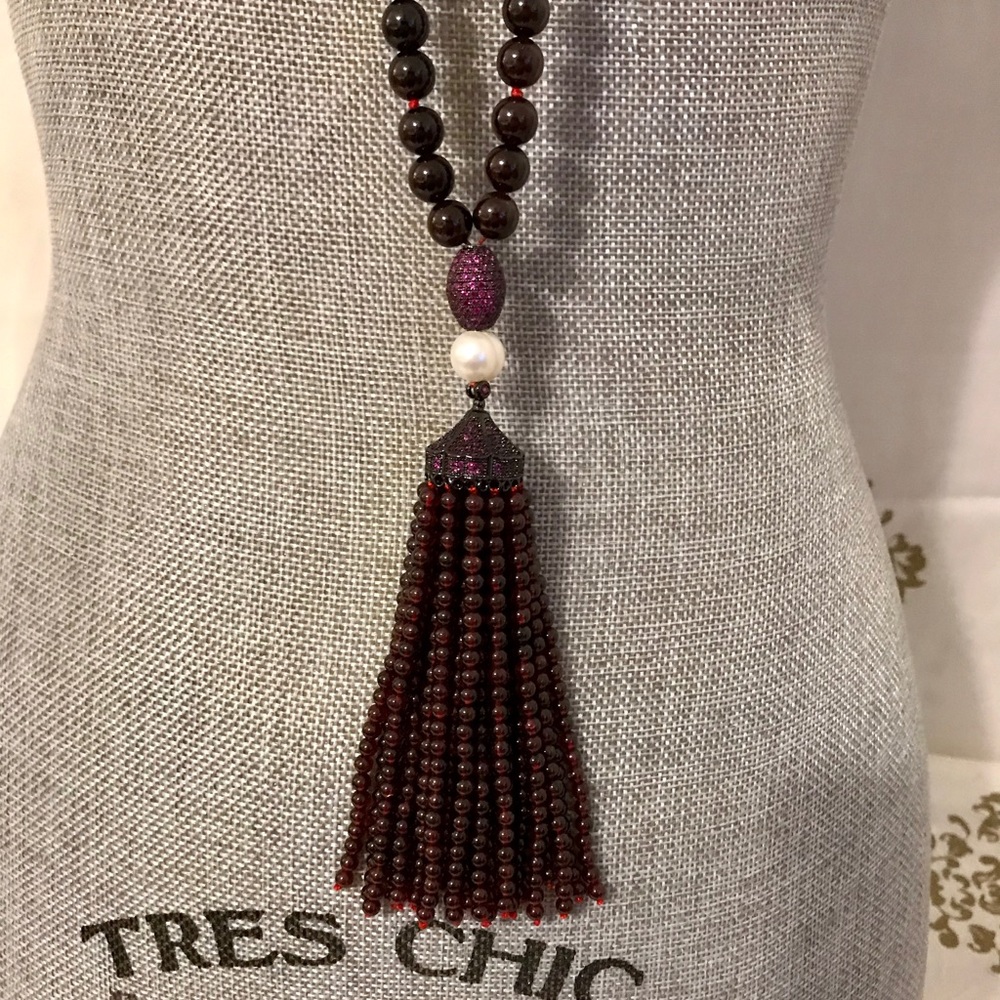 Cranberry Glass Bead Necklace, 5.5”  Beaded Tassel